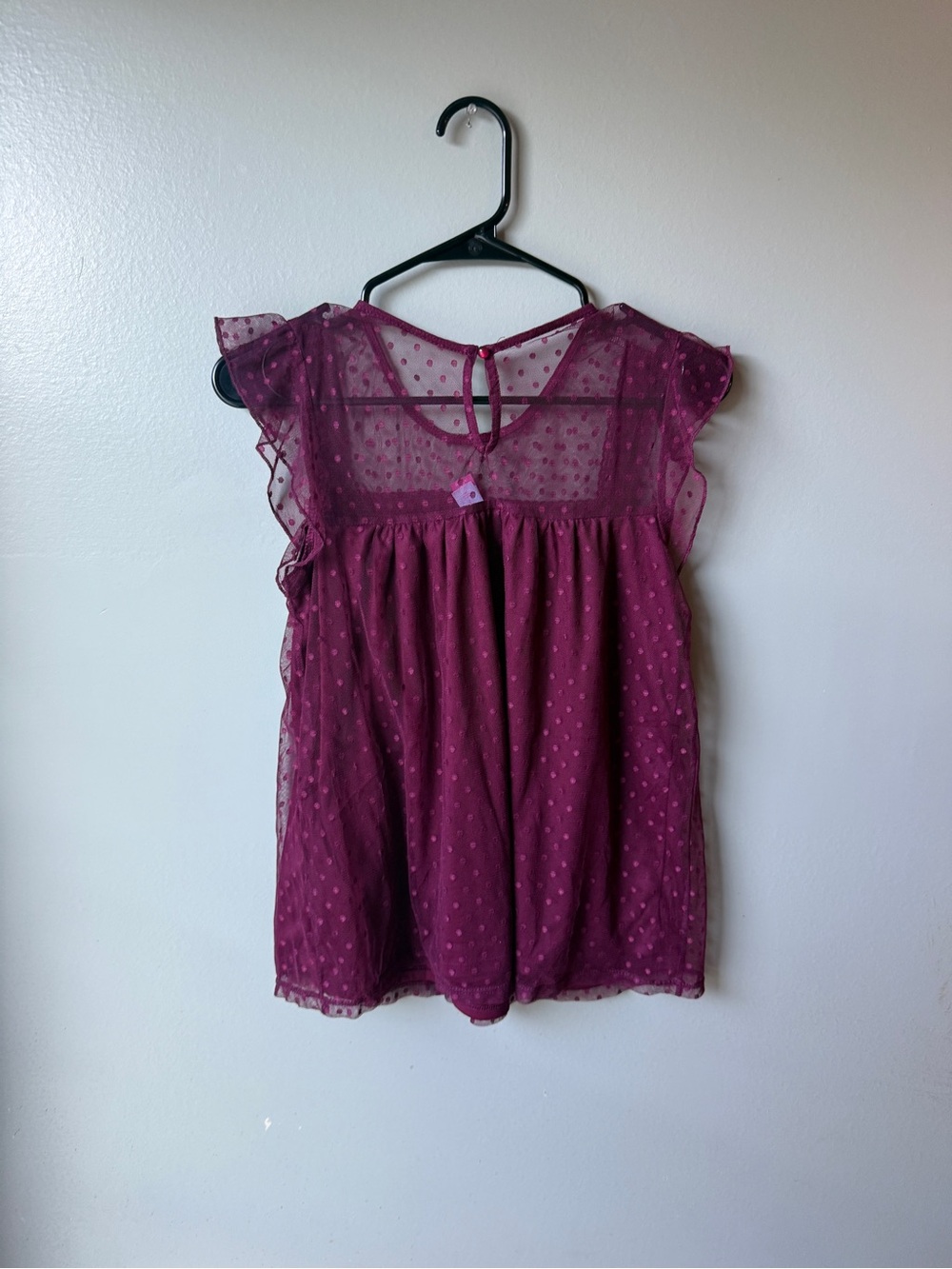 Girls Plum Swiss Dot Mesh Ruffle Sleeve Blouse Size L 11-13